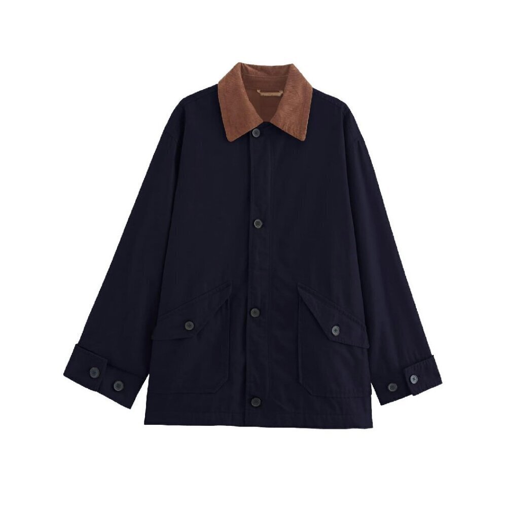 Oversized Canvas Barn Jacket with Corduroy Collar and Pockets